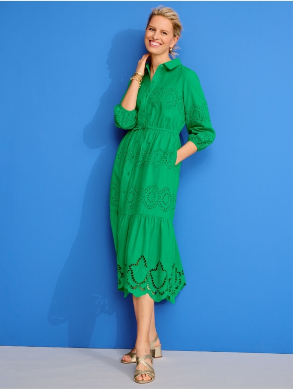 Talbots Green Eyelet Midi Shirt Dress